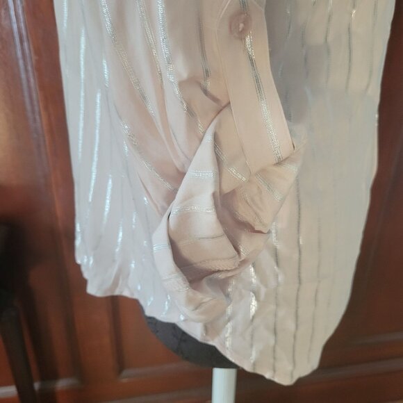 Light Pink Express Womens Button-Up Shirt W/ Silver Stripes & Roll-Tab Sleeves - Picture 4 of 7